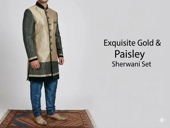 Sherwani Set Excellent Condition XL Gold & Navy Paisley