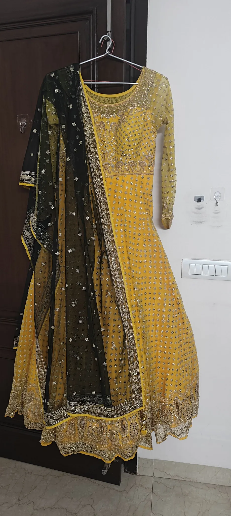 Beautiful Gown L/XL Yellow Embroidered Sequined With Dark Green Dupatta