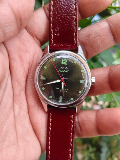 Buy used HMT Pilot Refurbished Mechanical Watch Sunburst Olive Green Dial 18mm Leather Strap online on Resellpur