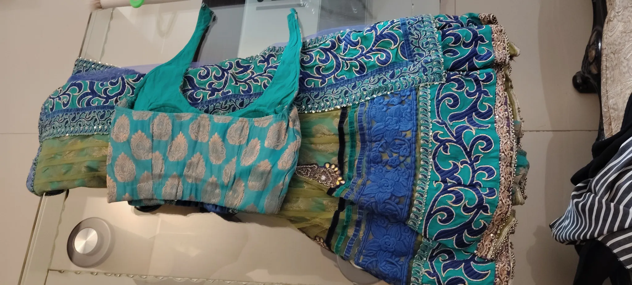 Sari Lehenga With Padded Blouse - Blue & Green - Size S - Elegant Design