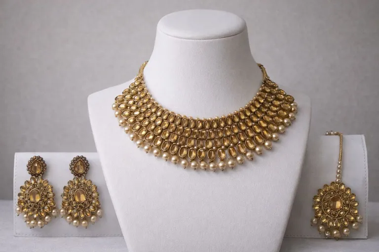 Buy used Indian Necklace And Earring Set | Women | Gold Toned | Festive Jewelry online on Resellpur