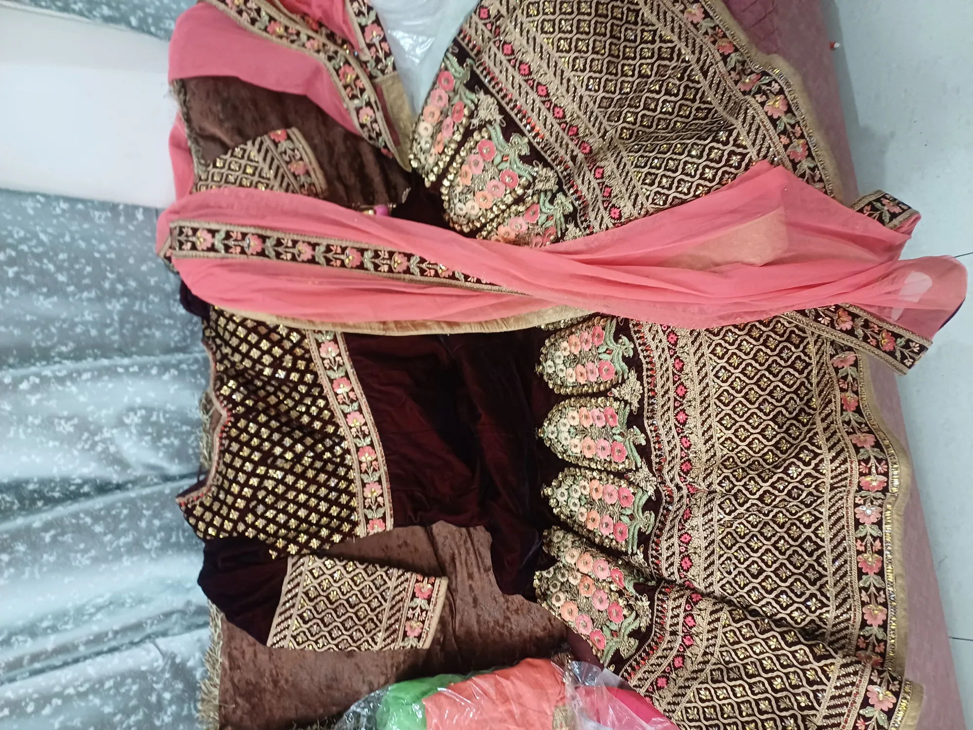 Heavy Gown Velvet Dress For Women In Maroon With Dupatta, Size XL/XXL, Stretchable