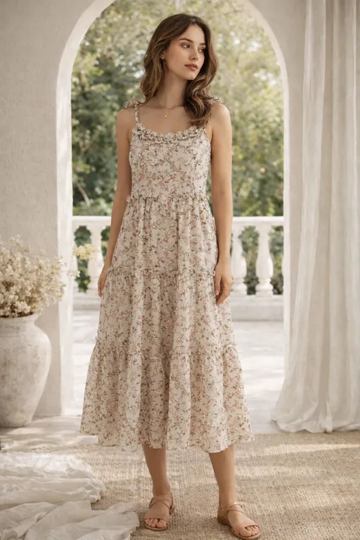 Floral Print Midi Dress | Women | Beige | S | Tiered Design