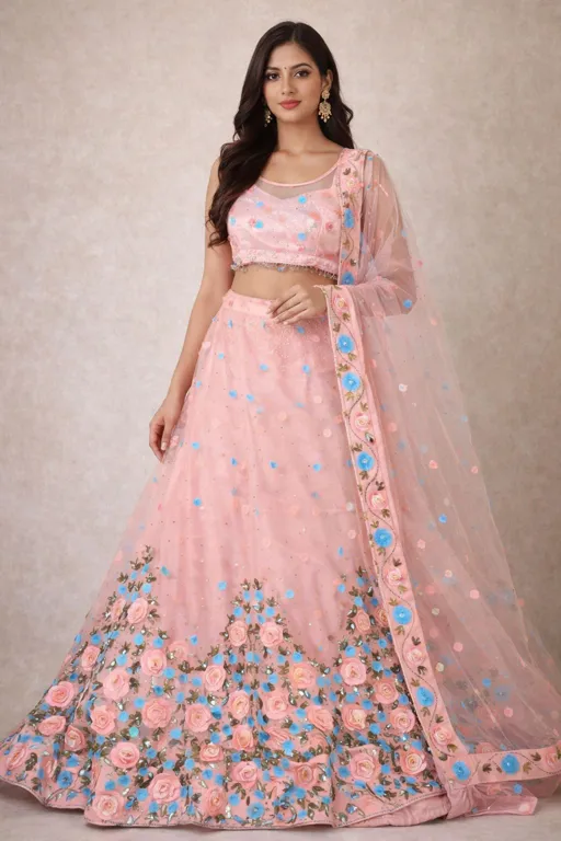 Buy used Lehnga Choli For Women | Peach Floral Embroidery | Free Size | Elegant Design online on Resellpur