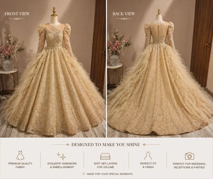 Buy used Engagement Gown | Beautiful | Women's Dress | Gold | S/M | Exquisite Handwork online on Resellpur