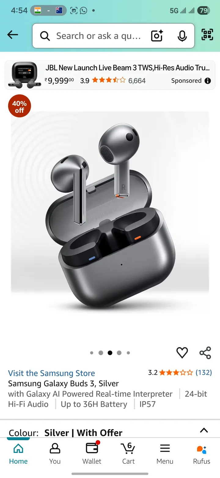 Samsung Galaxy Buds 3 Original Silver Hi-fi Audio IP57 Waterproof 36H Battery