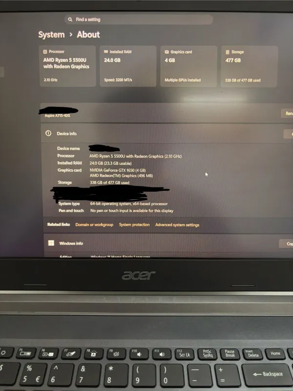 Sold second hand Acer Aspire 7 A715-42G Laptop, AMD Ryzen 5, 24GB RAM, GTX 1650, Grey on Resellpur