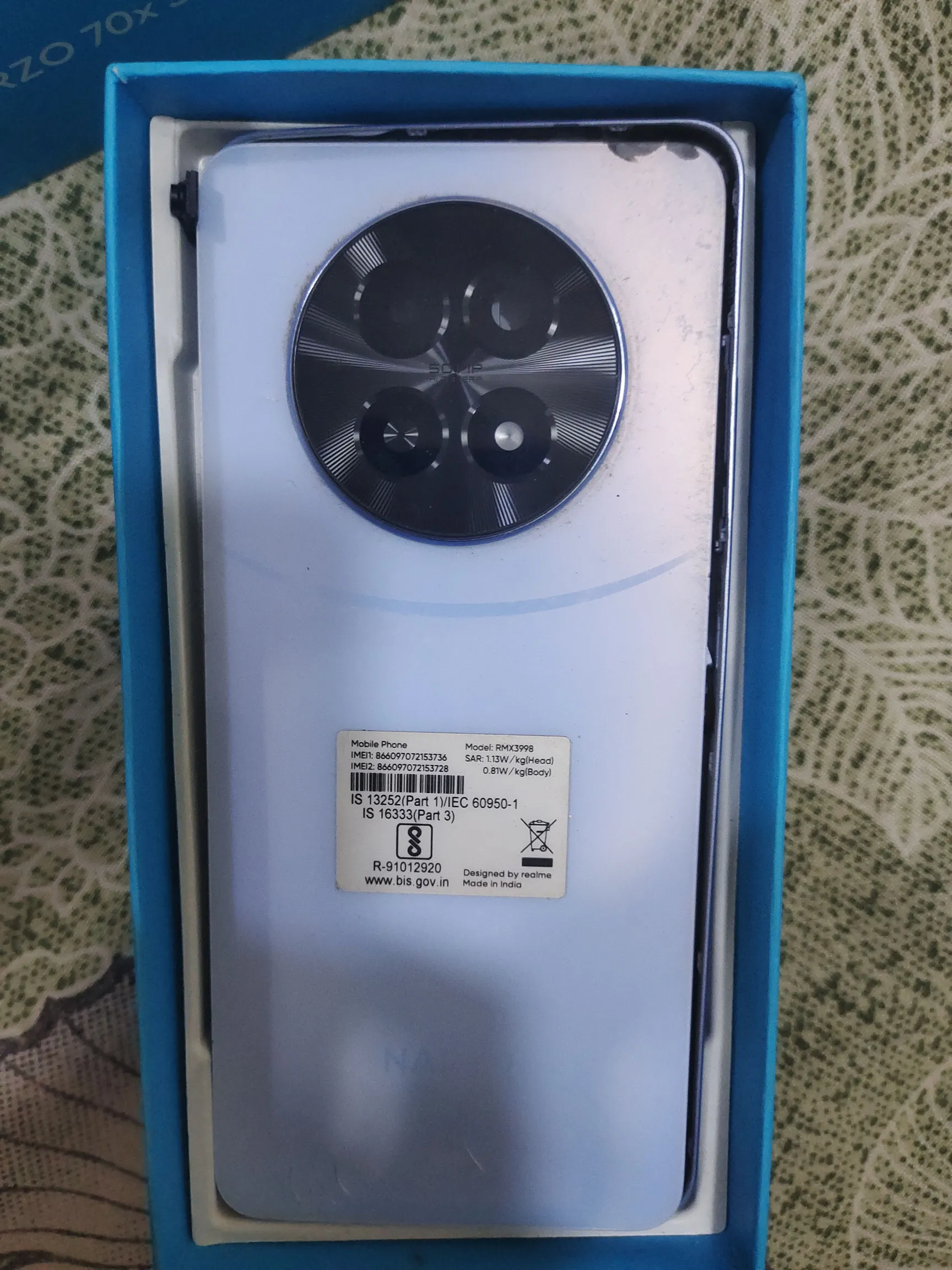 Buy used Realme Narzo 70x 5G - Not Turning On - Ice Blue - 6GB RAM - 128GB Storage - CPU Issue online on Resellpur