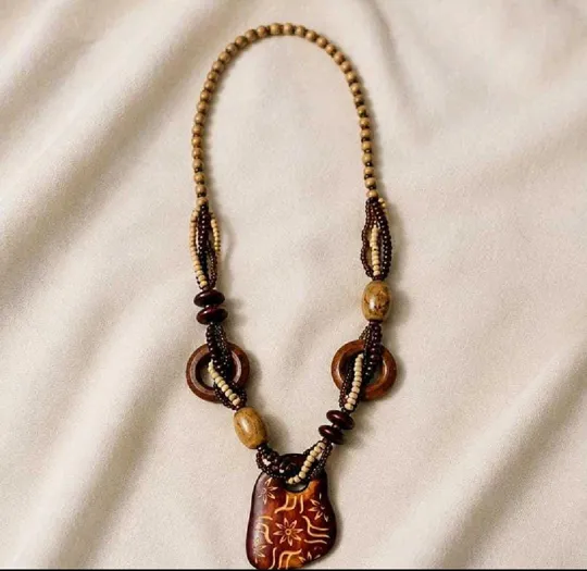 Boho Wooden Beaded Statement Necklace, Brown & Beige, Handcrafted Ethnic Pendant