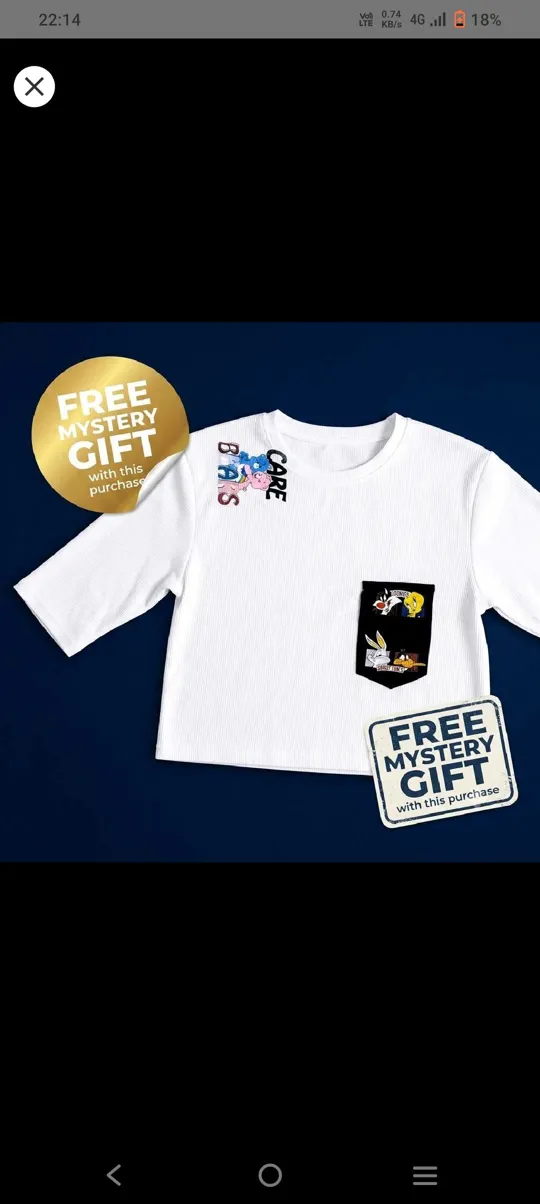 Women's Cute Printed Crop T-shirt, White, Oversized Fit With Mystery Gift