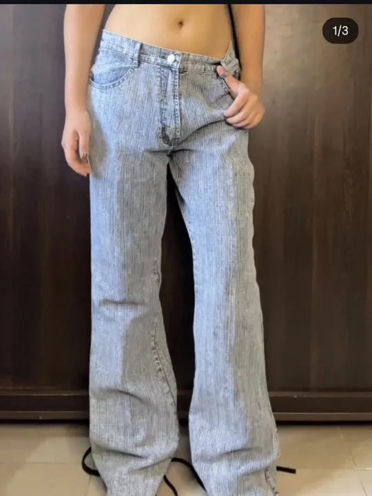 Striped Retro Flared High-waisted Denim Jeans, Size M, Light Blue