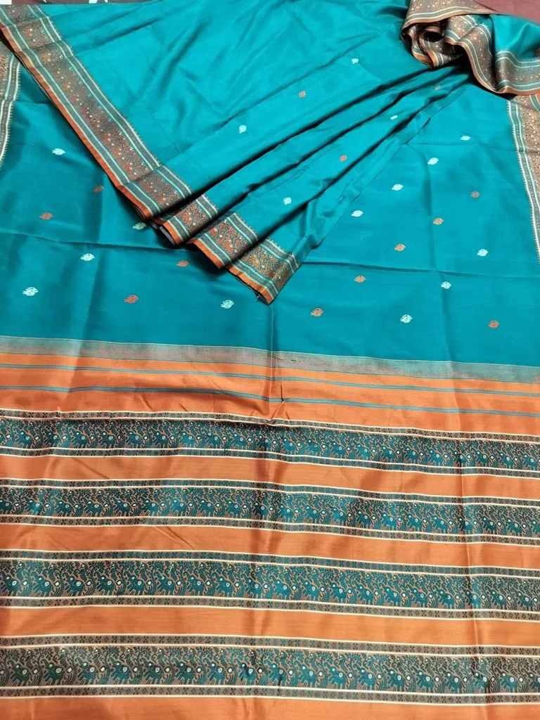 Buy used Kanjivaram Saree | Excellent | Women | Teal | Free | Zero Zari With Elephant Motifs online on Resellpur