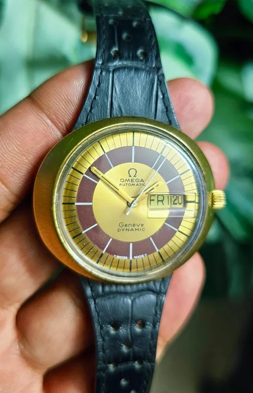 Buy used Omega Dynamic Vintage Automatic Watch Gold & Burgundy Leather Strap online on Resellpur
