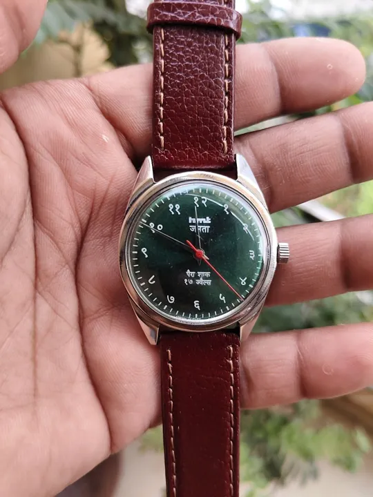 HMT Janta Vintage Watch Mechanical Hand-wound Green Dial Brown Leather Strap