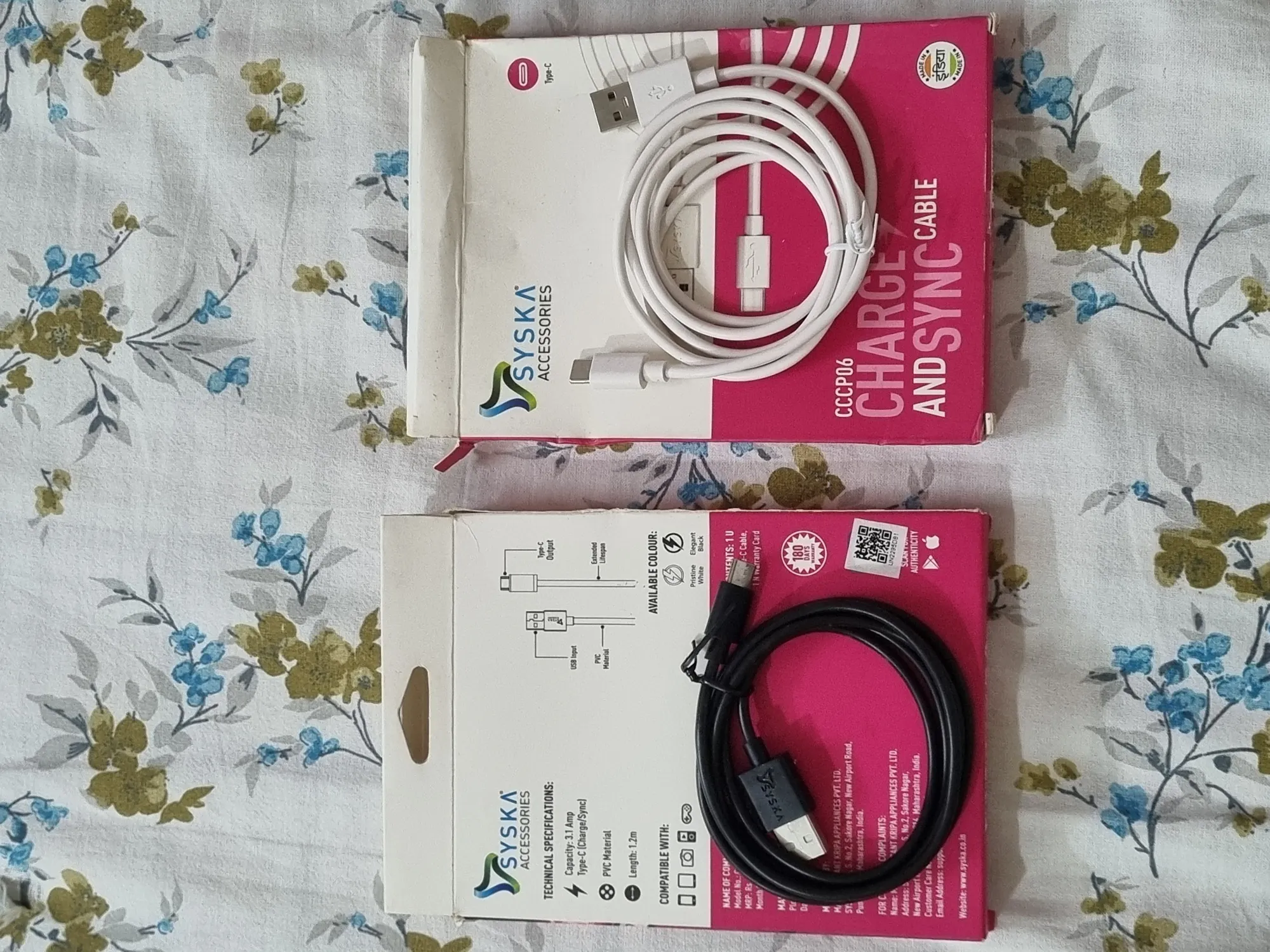 Buy used Syska New Type C Data Cable 3.1 Amp Black & White 2 Cables online on Resellpur