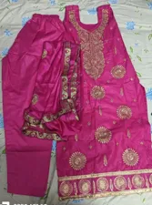 Women's S/M Cotton Embroidered Kurta Pant Set In Pink