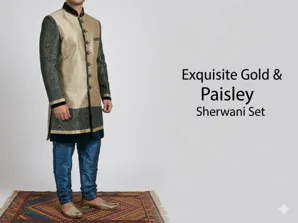 Sherwani Set Excellent Condition XL Gold & Navy Paisley