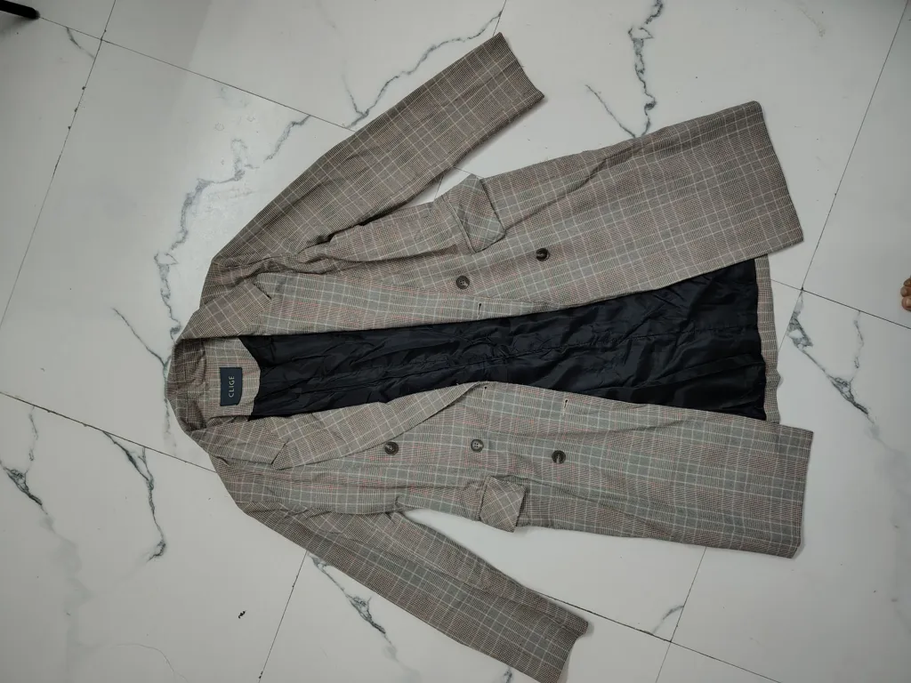 Classic Women's S/M Checkered Wool Long Blazer For Winter