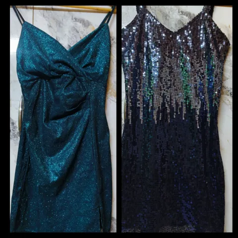 Sparkly Sequin & Glitter Party Dresses Set - Teal & Midnight Blue - S - Stretchable