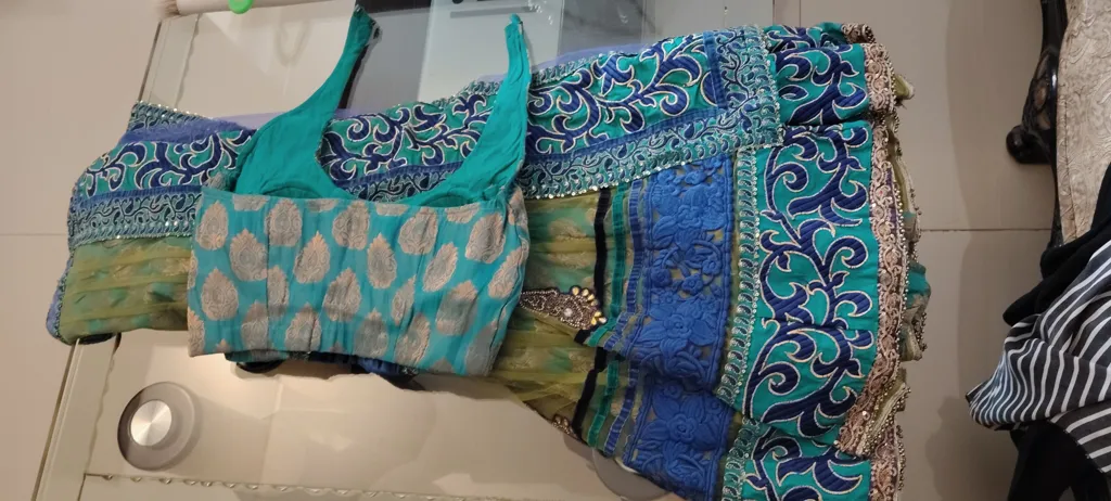 Sari Lehenga With Padded Blouse - Blue & Green - Size S - Elegant Design