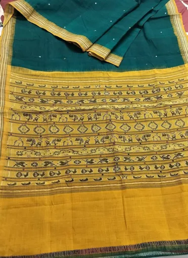Sambalpuri Ikat Saree | Preloved | Women | Cotton | Mustard Yellow & Deep Green | Free | Handloom Charm