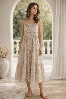 Floral Print Midi Dress | Women | Beige | S | Tiered Design