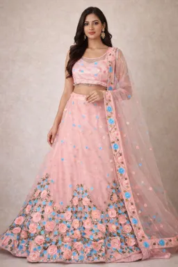 Lehnga Choli For Women | Peach Floral Embroidery | Free Size | Elegant Design