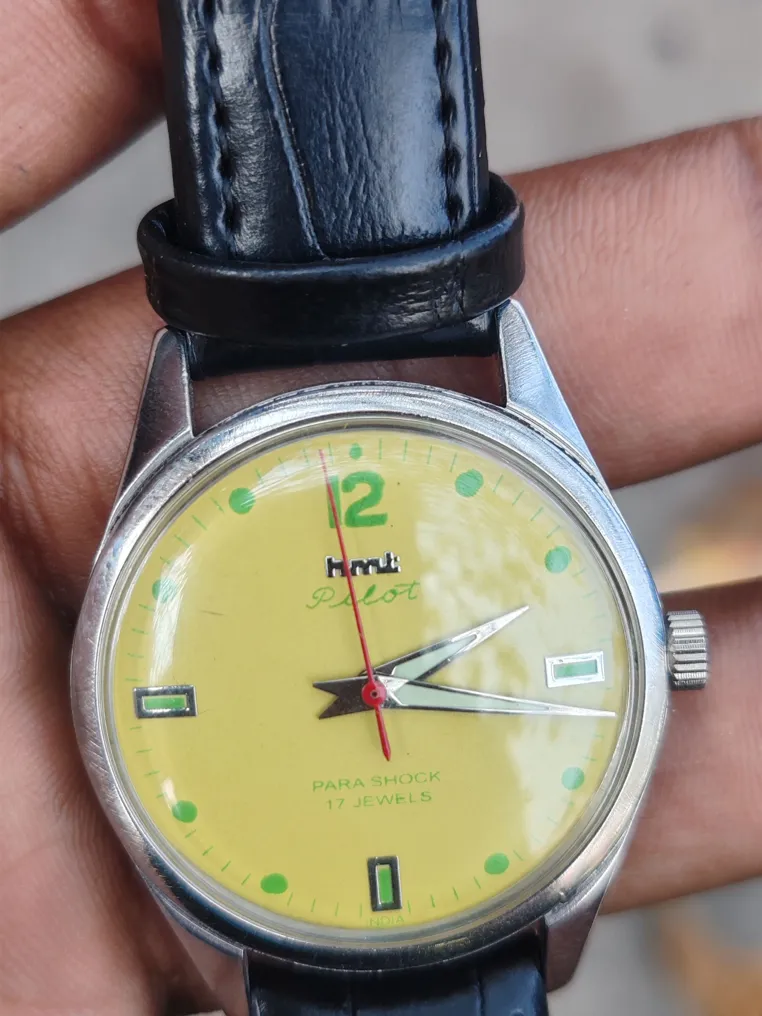 HMT Preloved Pilot Watch Yellow Dial Black Leather Strap