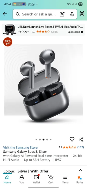Samsung Galaxy Buds 3 Original Silver Hi-fi Audio IP57 Waterproof 36H Battery