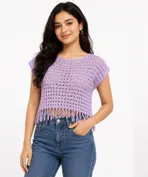 Purple Lavender Crochet Shrug For Women With Fringe Detail