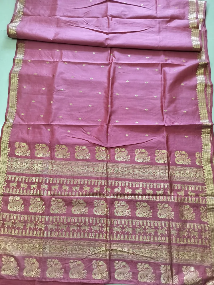 Pure Silk Saree | Excellent Condition | Women | Saree | Rose Pink | Free | Golden Butis & Motifs