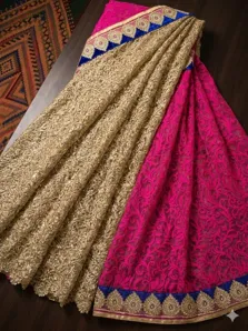 Saree One Time Used Free Pink And Gold Embroidered
