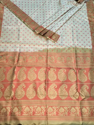 Elegant Saree | Excellent Condition | Women's | Pure Silk | Beige & Rust | Free Size | Floral Motifs