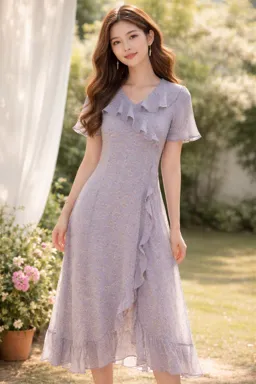 Floral Ruffle Midi Dress | Purple | S | Elegant Design