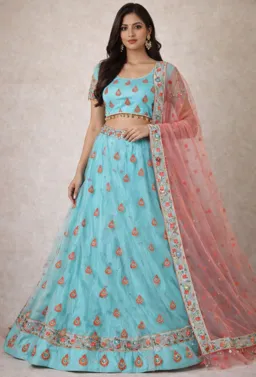 Blue Lehenga Choli With Gold Embroidery, Stretchable, Bust 38