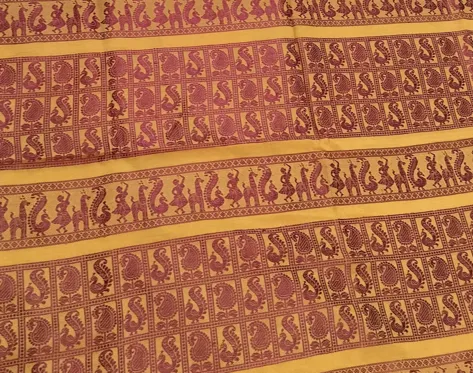 Cotton Baluchari Saree Free Yellow Maroon Horse Motifs