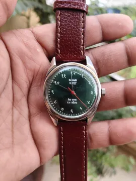 HMT Janta Vintage Watch Mechanical Hand-wound Green Dial Brown Leather Strap