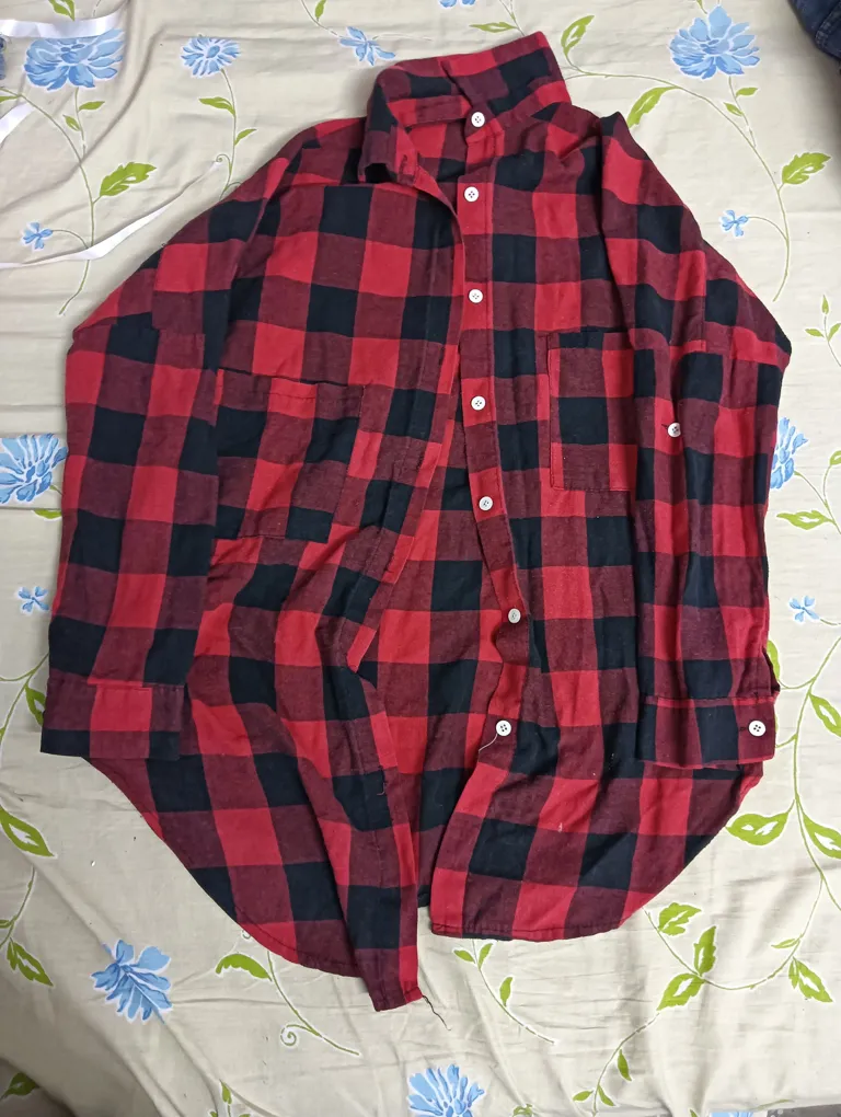 Unisex M/L Cotton Checkered Red And Black Long Sleeve Shirt