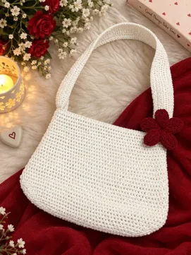 Handmade Crochet Shoulder Bag – White & Maroon