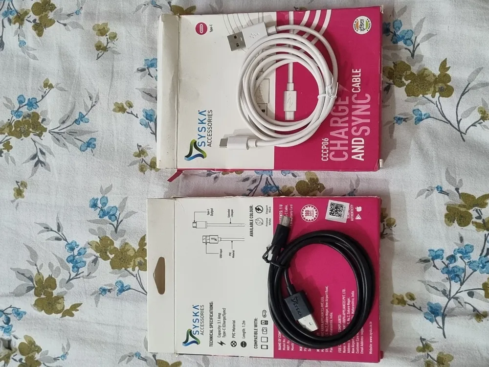 Syska New Type C Data Cable 3.1 Amp Black & White 2 Cables