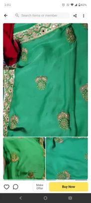 Buy used Saree Onesize Parrot Green With Golden Border And Blouse 3XL online on Resellpur
