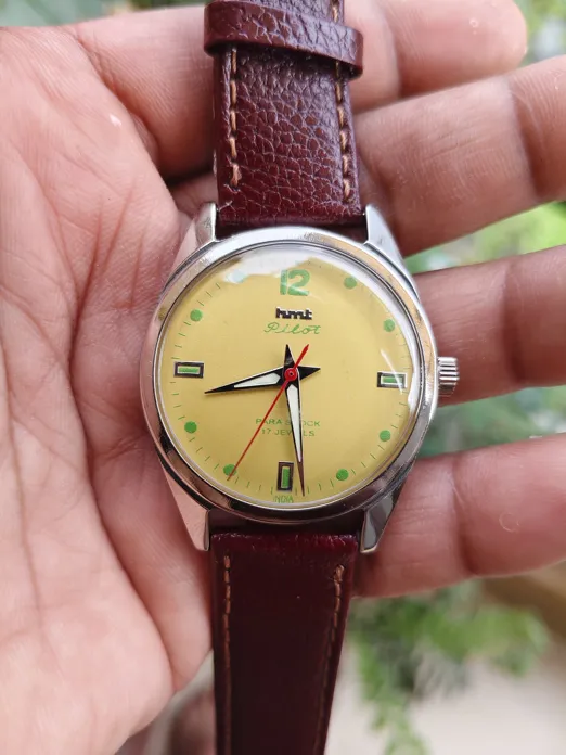 Buy used HMT Pilot Refurbished Mechanical Watch Yellow Dial Cherry Brown Leather 35mm online on Resellpur