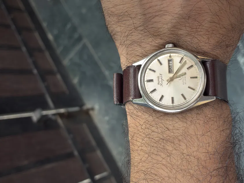 Sold second hand HMT Rajat Automatic Watch - Rare Model - Brown Leather Strap on Resellpur