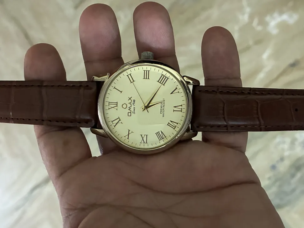 Buy used OMAX Quartz Watch 42mm Gold Plated Roman Numerals Leather Strap online on Resellpur