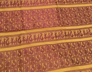 Buy used Cotton Baluchari Saree Free Yellow Maroon Horse Motifs online on Resellpur